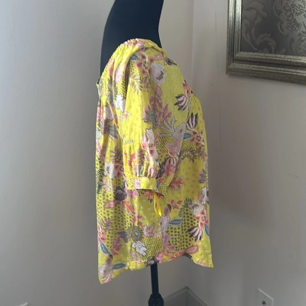 LOFT Floral Yellow floral patchwork Blouse puff sleeves linen blend top Sz‎ XL